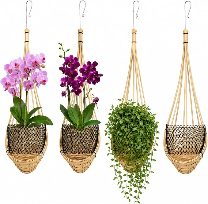 Yookeer 4 Pack Orchid Hanging Basket, 4 Inch Handmade Thai Bamboo Woven Hanging Planter Pot with Adjustable Metal Hook, Breathable Bird Nest Style Gift Basket for Orchids, Indoor Summer Decoration