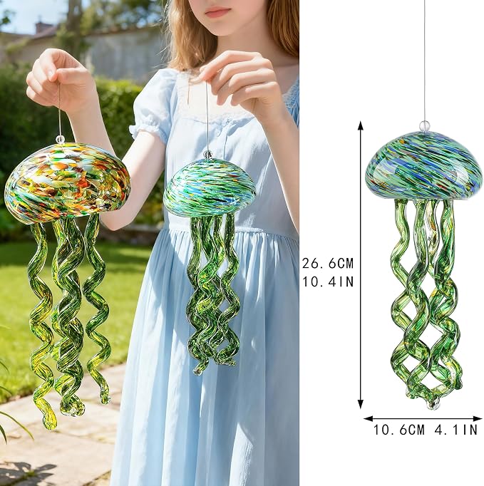 Sea Blown Glass Wind Chimes for Outside Jellyfish Ocean Wind Chimes 10 Inch | Ocean Beach Themed Crystal Wind Chime Gift Sea Glass Wind Chimes Hanging Decor for Patio, Window & Garden