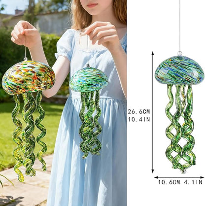 Sea Blown Glass Wind Chimes for Outside Jellyfish Ocean Wind Chimes 10 Inch | Ocean Beach Themed Crystal Wind Chime Gift Sea Glass Wind Chimes Hanging Decor for Patio, Window & Garden