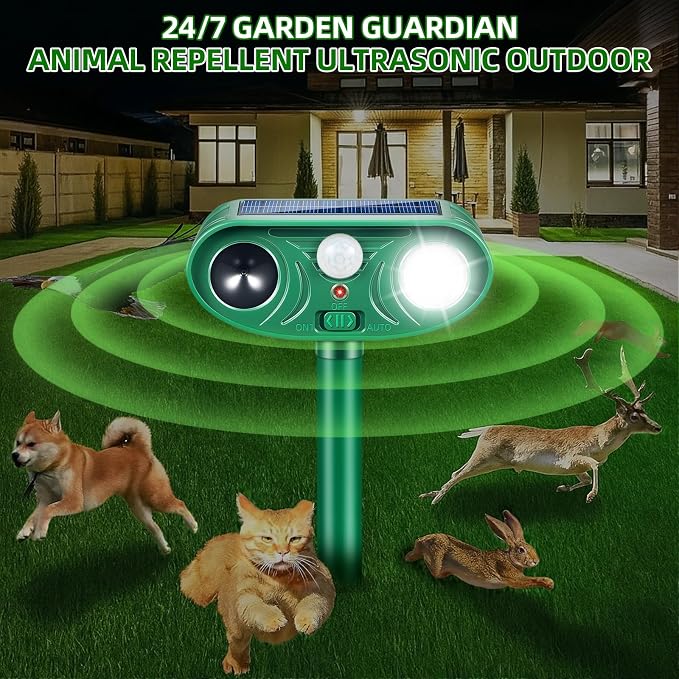 Solar Ultrasonic Animal Repellent Activated Deterrent for Deer | Cat, Squirrel, Raccoon, Rabbit & Bird, Waterproof Outdoor Animal Repeller with LED Strobe for Yard, Garden & Orchard