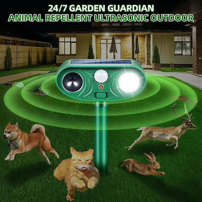 Solar Ultrasonic Animal Repellent Activated Deterrent for Deer | Cat, Squirrel, Raccoon, Rabbit & Bird, Waterproof Outdoor Animal Repeller with LED Strobe for Yard, Garden & Orchard