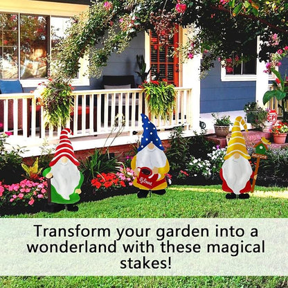 Garden Gnomes Decorative Stakes, 3-Piece Metal Silhouette Elf Decor | Outdoor Iron Yard Silhouettes Set, Waterproof Weather Resistant Elf Lawn Ornaments for Patio Porch Wall Decoration