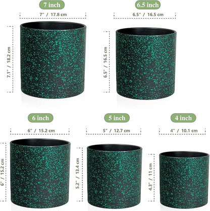 Meowell 7/6.5/6/5/4 inch Plant Pots, 5 Pack Cylinder Flower Pots for Small Indoor Outdoor Plants, Plastic Planters with Drainage Holes and Saucer for Garden Succulent Plants, Black With Green Speckles