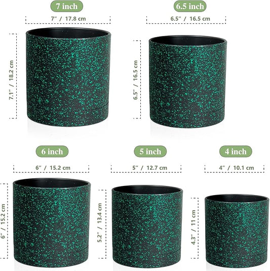 Meowell 7/6.5/6/5/4 inch Plant Pots, 5 Pack Cylinder Flower Pots for Small Indoor Outdoor Plants, Plastic Planters with Drainage Holes and Saucer for Garden Succulent Plants, Black With Green Speckles