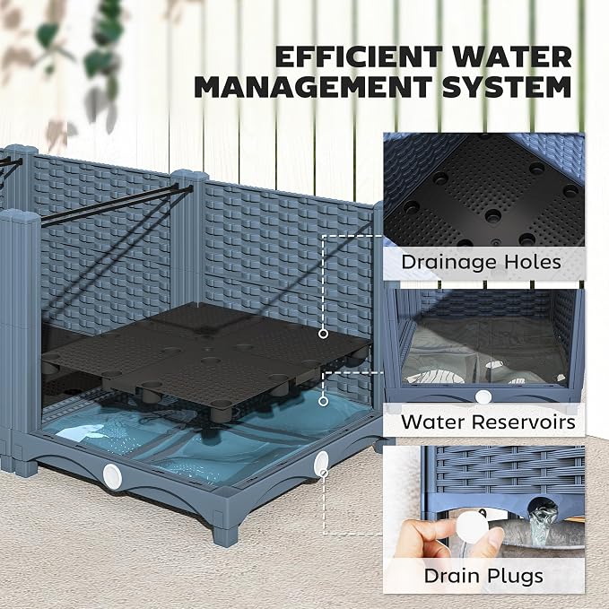 Outsunny 4 x 1 x 1 ft Raised Garden Bed, Indoor Outdoor Plastic Planter Box with Drainage Holes, Drain Plugs and Water Reservoirs for Vegetables, Herbs, Flowers & Succulents, Blue