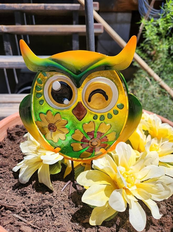 Owl Garden Decor for Outside, 3 Pack Metal & Glass Owl Yard Art, Lawn Ornaments Outdoor Decor for Porch Patio, Housewarming Birthday Gifts for Grandma Mom Women