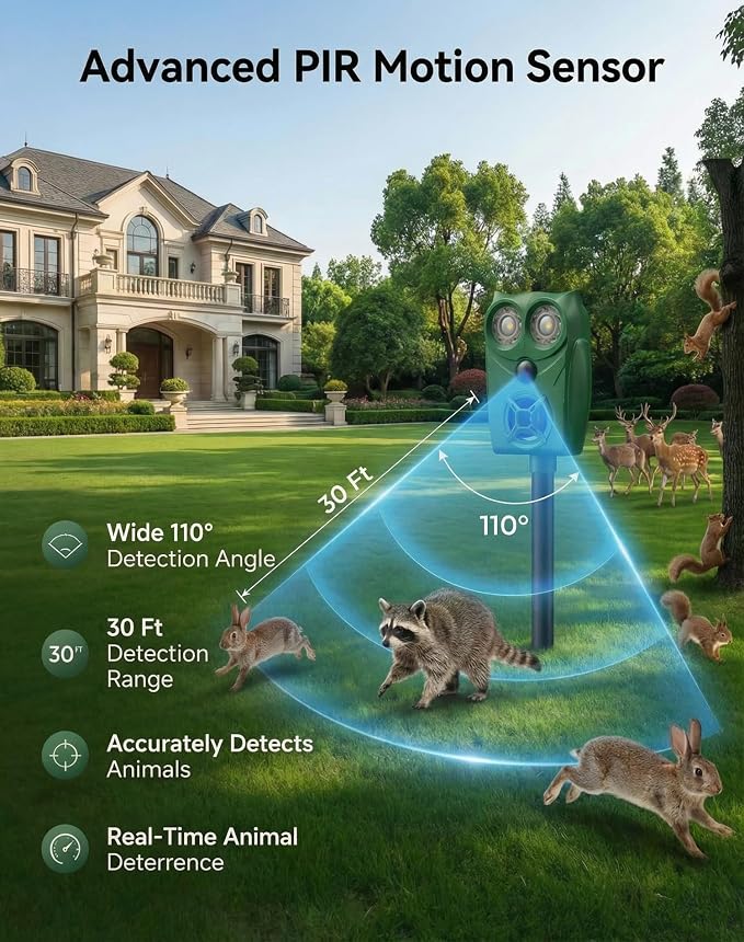 Solar Ultrasonic Animal Repeller with Motion Sensor, Deer Repellent Devices with LED Light, Waterproof Cat Repellent Outdoor, Dog Deterrent for Yard Garden to Repel Raccoon, Squirrel, Fox