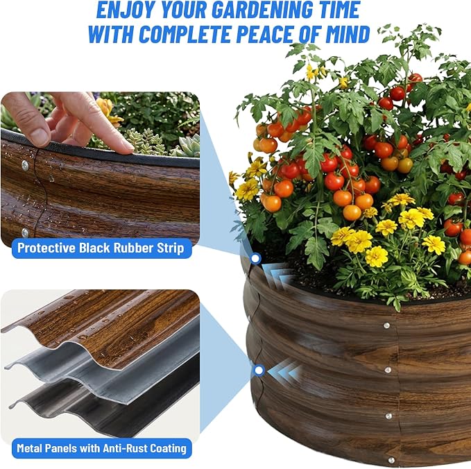 SnugNiture 2x2x1ft Round Galvanized Raised Garden Bed Kit Outdoor, Metal Planter Box for Planting Plants Vegetables, Brown