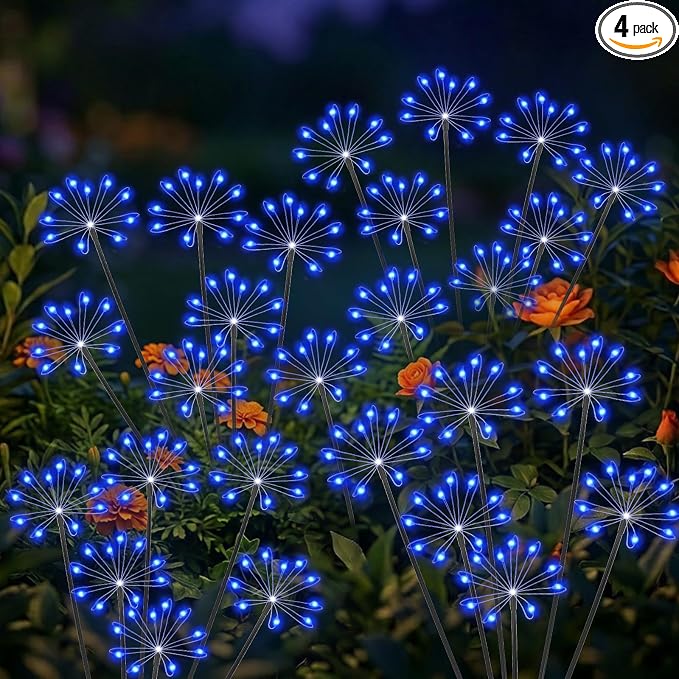 Solar Garden Lights Outdoor, Upgraded Solar Swaying Starburst Light Waterproof with 2 Modes, Solar Fairy Firework Lights for Yard Patio Pathway Flowerbed Balcony Garden Decoration (Blue, 4 Pack)