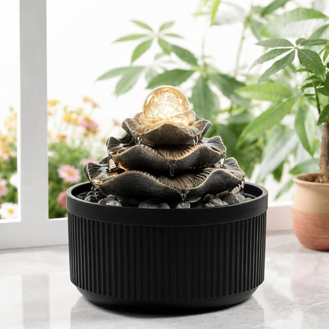 Indoor Tabletop Water Fountain - 3-Tier Lotus Leaf Design Waterfall with Warm Glowing LED & Rotating Ball, Zen Home Decor for Living Room Bedroom, Unique Housewarming Gift Idea