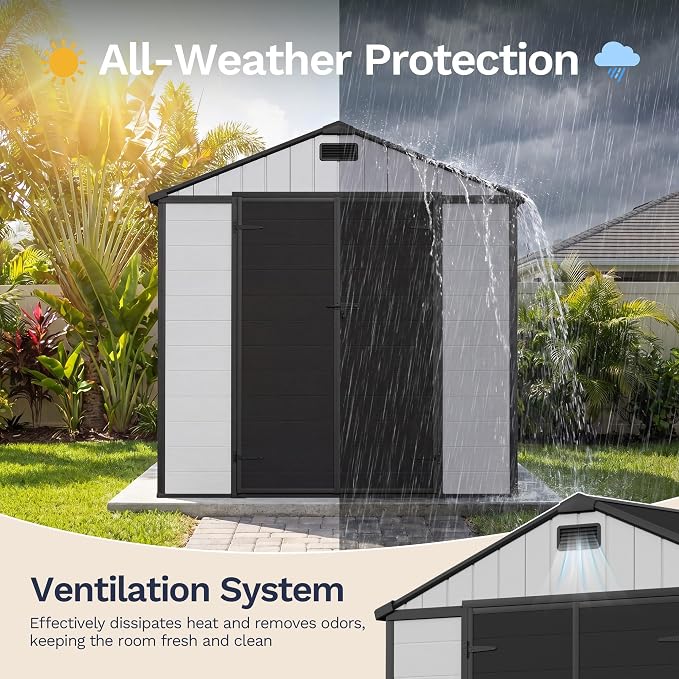 Greesum 8x8FT Resin Shed with Floor, All-Weather Resistance, Light Gray | All-Weather Protection (Rain/Snow/UV) | Sloped Leak-Proof Roof | Heavy-Duty Reinforced Base | Lockable & Well-Ventilated