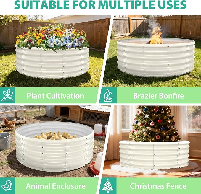 YSEJOMP 17" Tall 48" Diameter Round Raised Garden Bed Kits Outdoor White | Heavy Duty,Rustproof,Durable & Stylish,1.5 FT Tall,4FT Planter Bed,0.8MM Thick Galvanized Metal Painted,with Gloves,Tool free