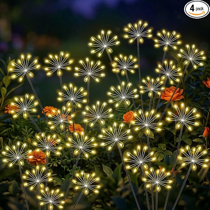 Solar Garden Lights Outdoor, Upgraded Solar Swaying Starburst Light Waterproof with 2 Modes, Solar Fairy Firework Lights for Yard Patio Pathway Flowerbed Balcony Garden Decoration (Warm White, 4 Pack)