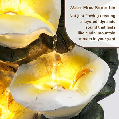 28" Outdoor Water Fountain with Led Lights, 4-Tiered Owl & Calla Lil Water Fountain, Outdoor Garden Waterfall Decor for Garden, Patio, Courtyard