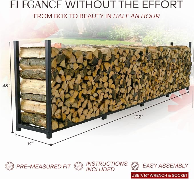 Woodhaven 16-Foot Firewood Rack – Made in USA – 1 Cord Raised Lumber Storage Rack – Keeps Wood Dry & Ready – Heavy-Duty Steel, Lifetime Structural Warranty (Without Cover)