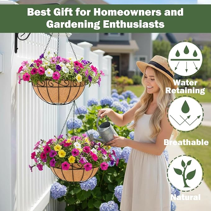4 Pack 14 Inch Hanging Baskets for Plants Outdoor Metal Hanging Planter Basket with Coco Coir Liner Hanging Flower Pots Holder for Garden, Patio(Flower)