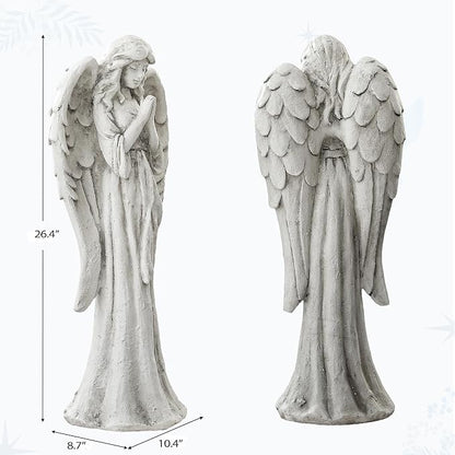 Praying Angel Statue for Outdoor Garden, 26.4 Inch Large Heavenly Memorial Sculpture,Durable MGO Stone Standing Angels for Yard, Patio or Cemetery Decor,Offering Comfort & Peace, Antique White