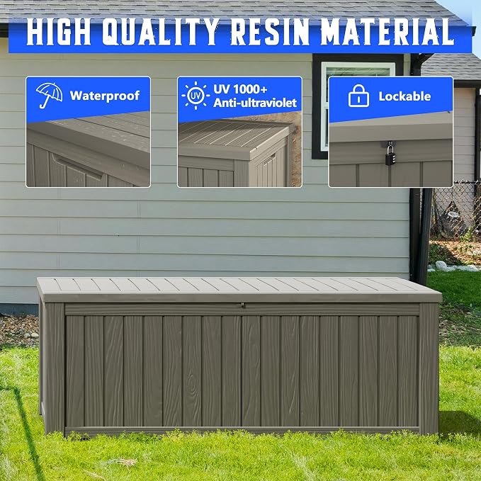 Outdoor Storage Box, Resin Deck Box Indoor and Outdoor, Waterproof Lockable Lid, Grey, 200 Gallon