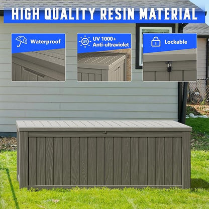 Outdoor Storage Box, Resin Deck Box Indoor and Outdoor, Waterproof Lockable Lid, Grey, 200 Gallon