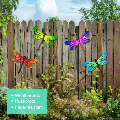 Metal Dragonfly Wall Decor, 4 Pcs Metal Dragonflies Wall Art Hanging Sculptures Decorations for Outdoor Fence Garden Yard Patio Exterior Decor