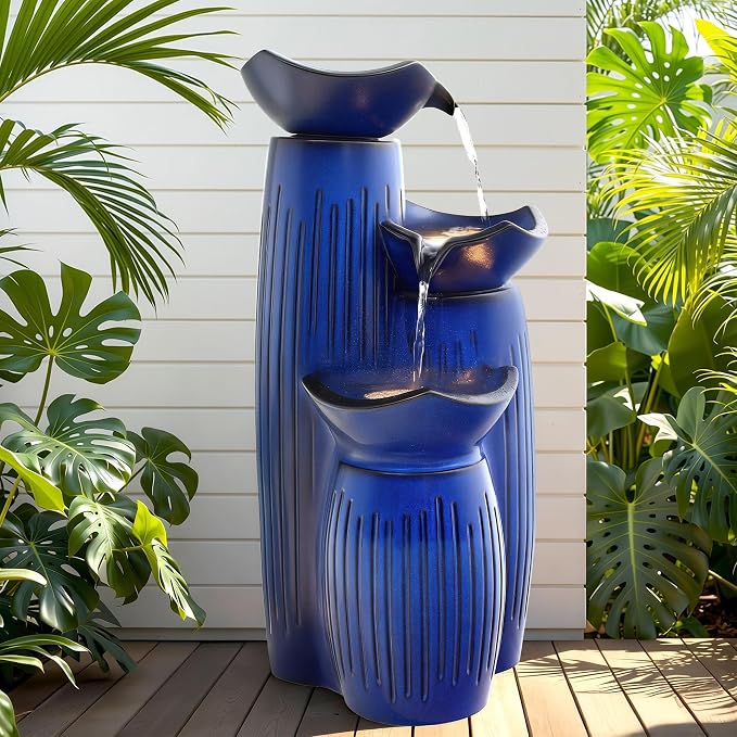 30" H Ceramic Outdoor Water Fountain with Lights, 3-Tier Lotus Bowls | Minimalist Geometirc Water Feature, Cobalt Blue Glaze, Fluted Texture, Cascading Waterfall for Relaxing Garden Patio Yard