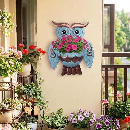 Owl Metal Wall Mount Planter, Hanging Succulent Flower Pot with Drainage | Farmhouse owl metal wall hanging pot garden succulent decorative planters, indoor outdoor hanging wall container