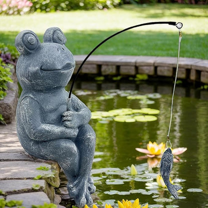 9.5" Frog Fishing Garden Sculptures & Statues, Stone Look Sculpture, Whimsical Lawn Yard Art, Funny Pond Fisherman Statue, Resin Animal Decorative Figurine, for Frog Fishing Lovers