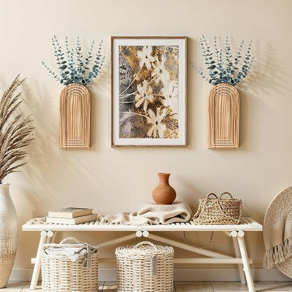 DREAMLOOM 2 Pack Wooden Wall Vases with Eucalyptus Artificial Plants, Wall Hanging Planters Boho Modern Farmhouse Indoor for Narrow Spaces Entryway Bathroom Home Office Decoration, Retro
