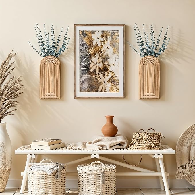 DREAMLOOM 2 Pack Wooden Wall Vases with Eucalyptus Artificial Plants, Wall Hanging Planters Boho Modern Farmhouse Indoor for Narrow Spaces Entryway Bathroom Home Office Decoration, Black