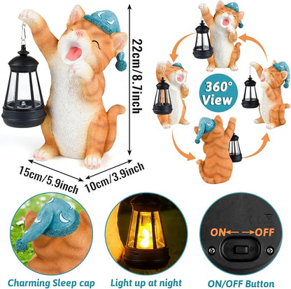 Solar Dragon Garden Statue with Lantern and Birds – Resin Dinosaur Figurine with LED Light for Yard, Outdoor Decor, Gifts for Mom, Women (Cat)