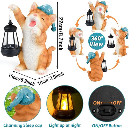 Solar Dragon Garden Statue with Lantern and Birds – Resin Dinosaur Figurine with LED Light for Yard, Outdoor Decor, Gifts for Mom, Women (Cat)