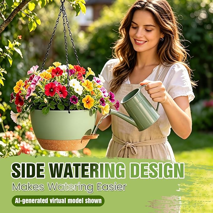 8 Inch Self Watering Hanging Planters Set of 3 with Saucers | Set of 3 8-inch self-watering hanging planters with side-fill watering ports, chain hangers & snap-on saucers
