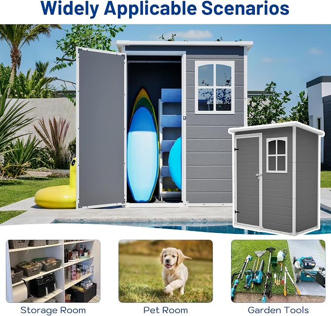 PVWIIK 5x3 ft Resin Outdoor Storage Shed with Floor & Window, Lockable Waterproof All-Weather Utility Shed for Garden Tools & Trash Bins, Gray-White