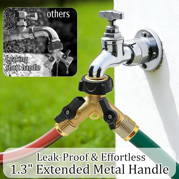Hourleey 2 Pack Brass Garden Hose Splitter 2 Way, 3/4 Inch Hose Connector Tap Splitter, Hose Y Splitter, Hose Spigot Adapter 2 Valves with 4 Extra Rubber Washers