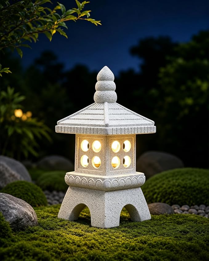 Nacome Solar Pagoda Garden Statues:15.7 inches Outdoor Weatherproof Resin Zen Decor for Landscape Balcony Patio Porch Yard Ornament(Gray)