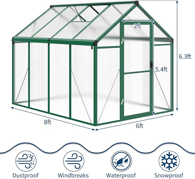 6x8 ft Walk-in Greenhouse, Polycarbonate Panels with Reinforced Aluminum Frame, Large Garden Green House for Planting and Seed Starting, Quick-Assembly Structure with Adjustable Roof Vent