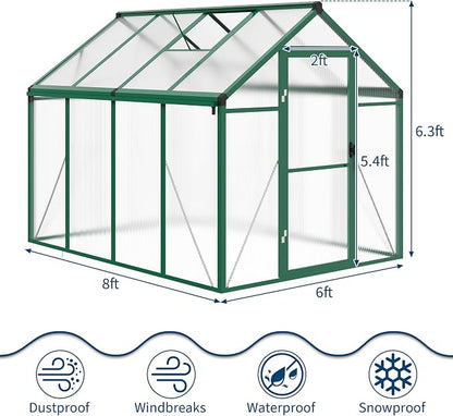 6x8 ft Walk-in Greenhouse, Polycarbonate Panels with Reinforced Aluminum Frame, Large Garden Green House for Planting and Seed Starting, Quick-Assembly Structure with Adjustable Roof Vent