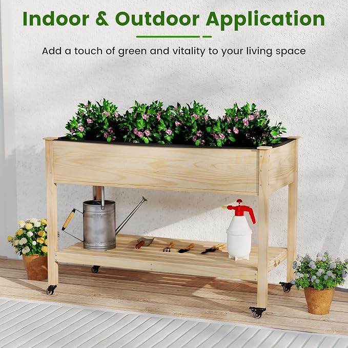 S AFSTAR Wooden Raised Garden Bed with Wheels, Elevated Planter Box with Legs, Storage Shelf, Liner & Drainage Holes, Indoor Outdoor Patio Gardening Box for Vegetable, Flower & Herb
