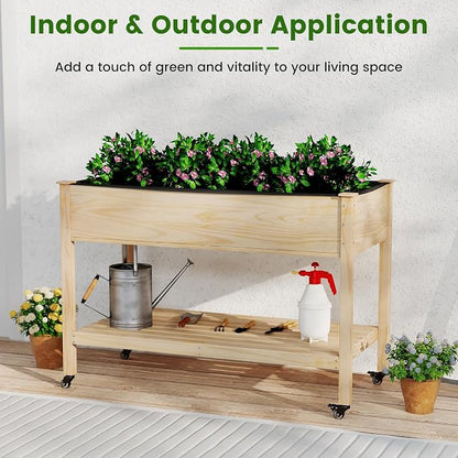 S AFSTAR Wooden Raised Garden Bed with Wheels, Elevated Planter Box with Legs, Storage Shelf, Liner & Drainage Holes, Indoor Outdoor Patio Gardening Box for Vegetable, Flower & Herb