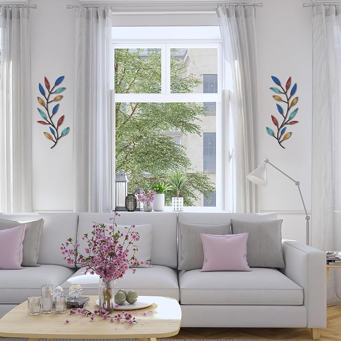 Zhengmy 2 Pieces Metal Tree Leaf Wall Decor Vine Olive Branch Leaf Wall Art Living Room, Hallway Wall Decor Outdoor Decoration(Elegant Color)