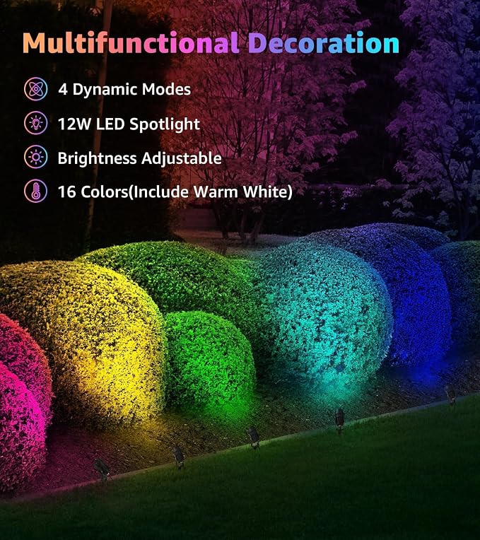 SUNVIE RGBW Spot Lights Outdoor Color Changing Landscape Lighting 12W LED Outdoor Spotlights with Remote Control 120V Waterproof Colored Spotlights for House Garden Yard Tree Decorative, 6 Pack