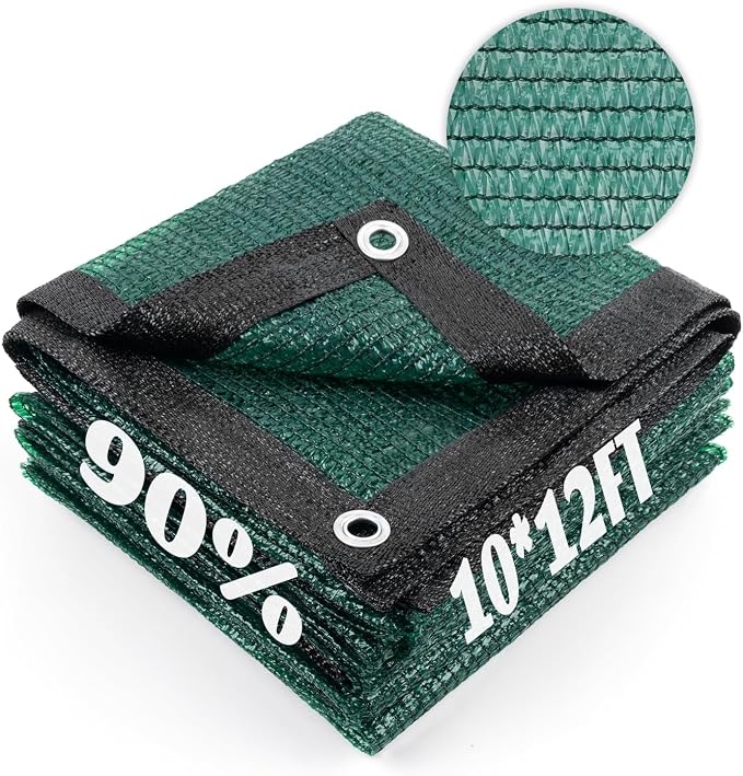 Cool Area 90% Sun Shade Cloth Mesh Tarp with Grommets for Plant Cover 10x12ft Patio Canopy Garden Pergola Greenhouse Car Barn Kennel Dark Green