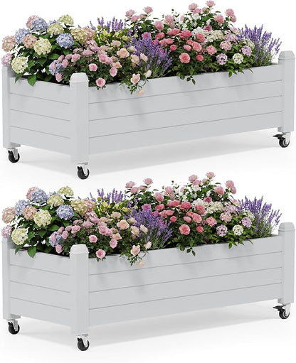 Fancyango Raised Garden Bed with Wheels 13.3" Hx2 -Ashen | Resin Elevated Garden Planter Box with Drainage, Outdoor Planter Box for Veggies Herbs Patio Balcony Backyard