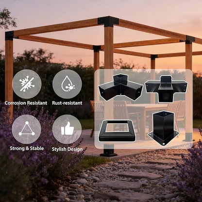 Pergola Kit with 3-Way Brackets & 4-Way Corner Brackets for 4"x 4" (Actual 3.6" X 3.6") Lumber, Heavy Duty Iron Gazebo Bracket Kits Suitable for Pergolas, Gazebos Includes Metal Base, Screws