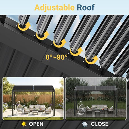 10' x 12' Louvered Pergola, Aluminum Frame Outdoor Pergola with Adjustable Louvered Roof & Integrated Gutter System, Hardtop Patio Gazebo for Backyard, Deck, Garden, Dark Gray