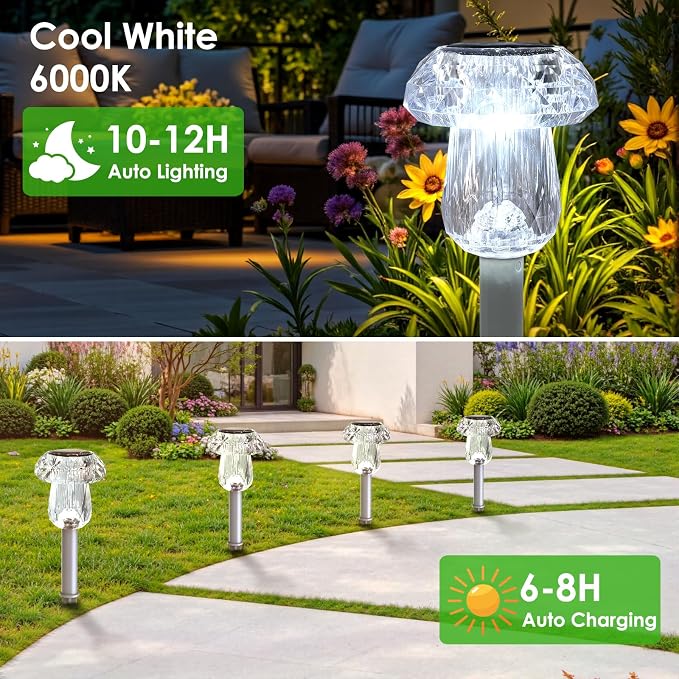 Mancra Solar Pathway Lights Outdoor, 8 Pack Mushroom Solar Lights Outdoor Waterproof Dusk to Dawn Solar Garden Lights for Yard Walkway Garden Decor, Cool White