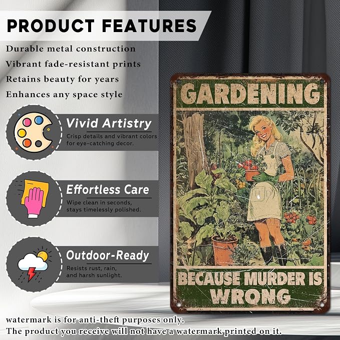 Retro Garden Tin Sign Gardening Because Murder Is Wrong Vintage Plant Lovers Metal Poster Funny Women's Wall Art Man Cave Bar Cafe Outdoor Plaque Room Greenhouse Club 12 * 8inch