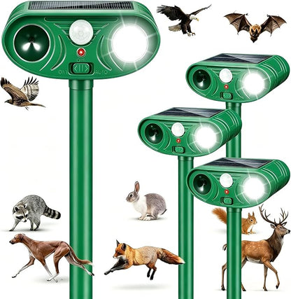 4PACK Solar Animal Repeller Outdoor for Deer Cat Rabbits Raccoons Fox,Ultrasonic Squirrel Deterrent with Motion Sensor and Flashing LED, Waterproof Animal Repellent Garden Yard Farm