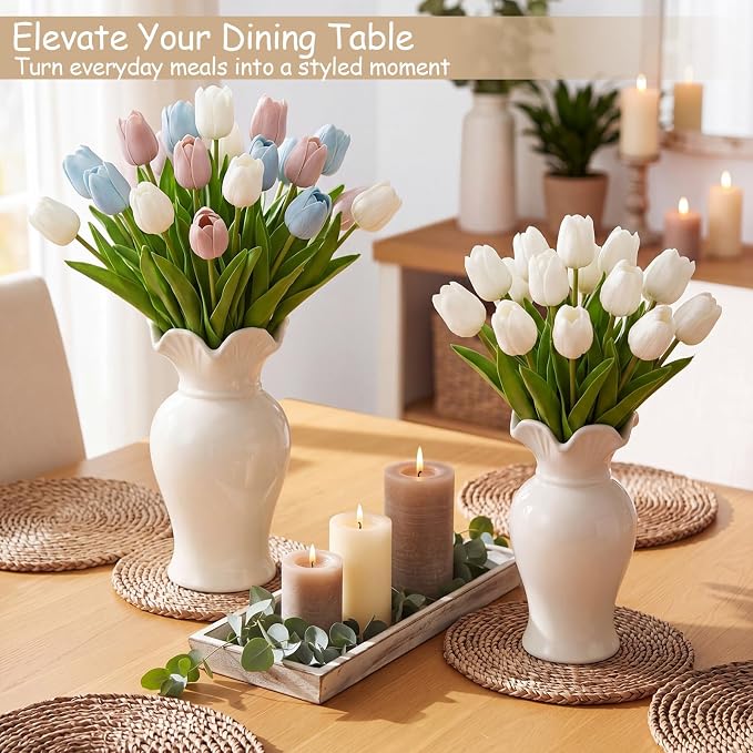 2 Pack White Ceramic Vase Set Small Rustic Decorative Vases Home Decor Wavy Edge Modern Flower Vases for Farmhouse Table Centerpiece Living Room Kitchen Bedroom (6.7,7.9in,Classic)