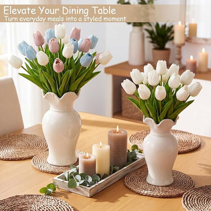 2 Pack White Ceramic Vase Set Small Rustic Decorative Vases Home Decor Wavy Edge Modern Flower Vases for Farmhouse Table Centerpiece Living Room Kitchen Bedroom (6.7,7.9in,Classic)